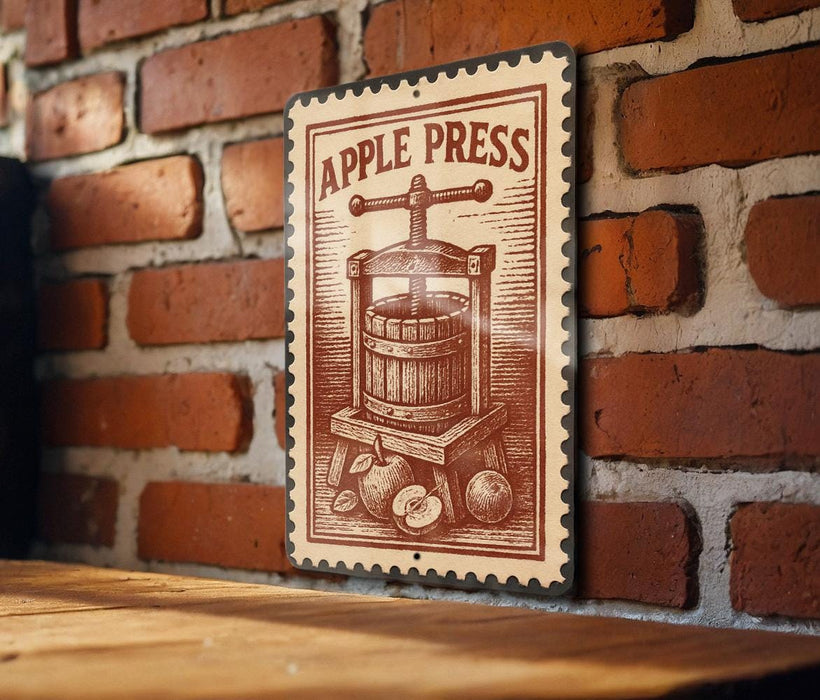 a vintage-style metal sign with the text "APPLE PRESS" and an illustration of an apple press.
