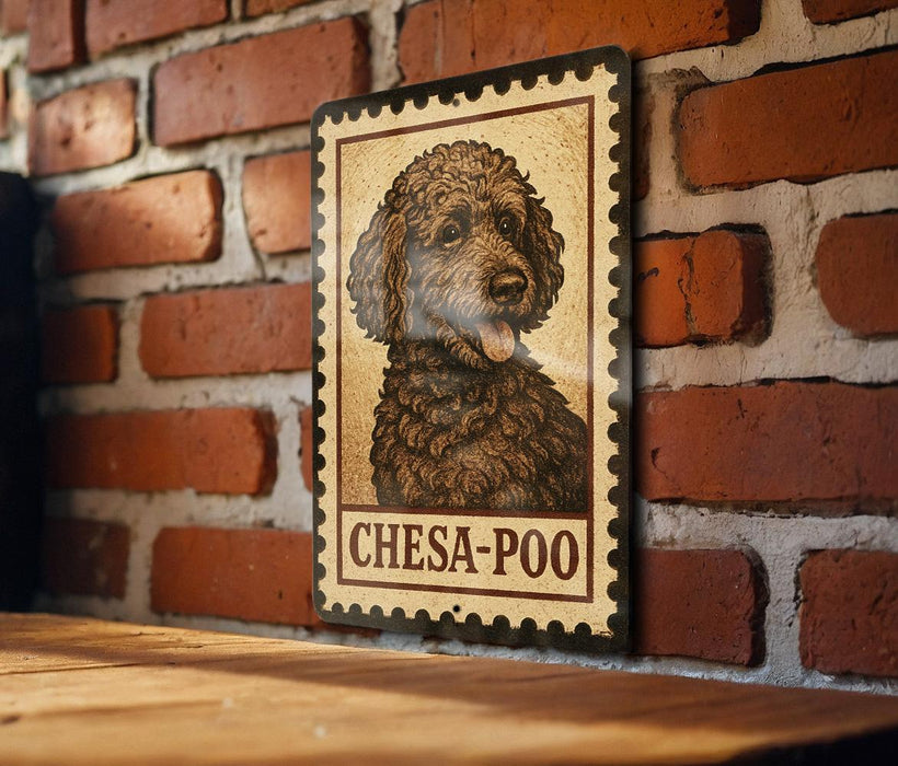 A metal sign featuring a close-up of a dog's face, with the text "CHESA-POO" below it, mounted on a brick wall.