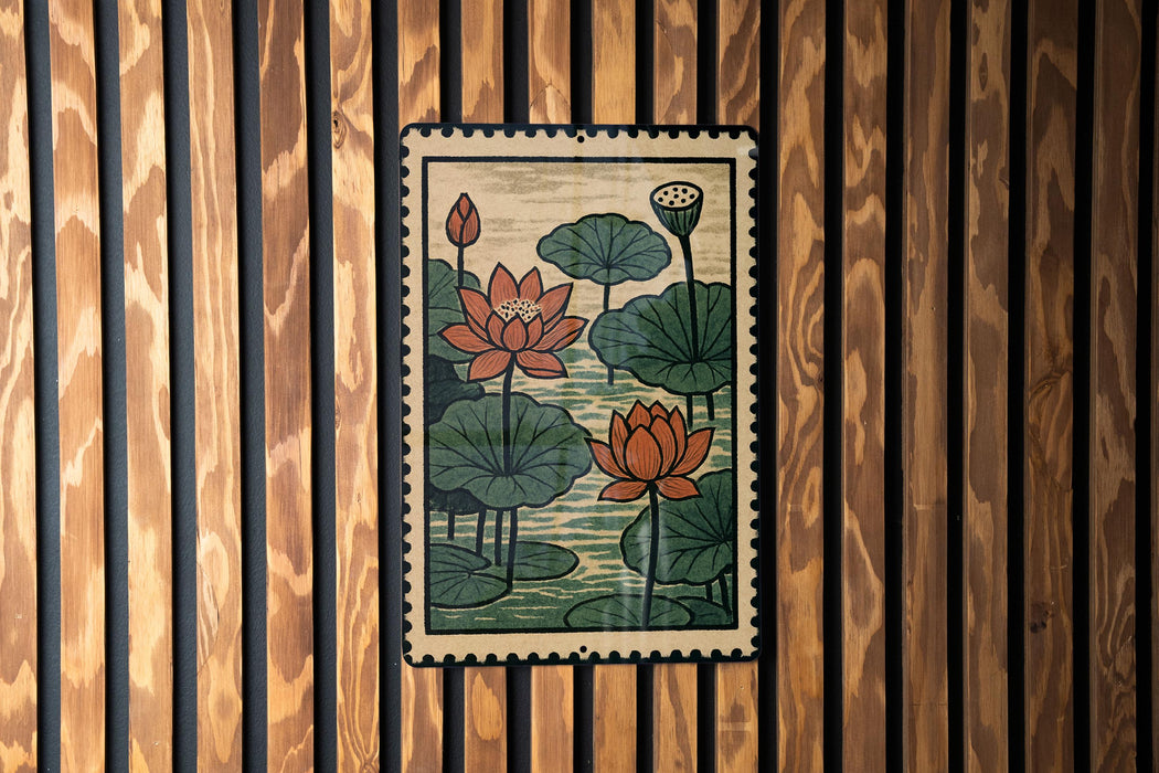 A framed illustration of lotus flowers is displayed on a wooden wall.