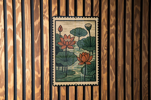 A framed illustration of lotus flowers is displayed on a wooden wall.
