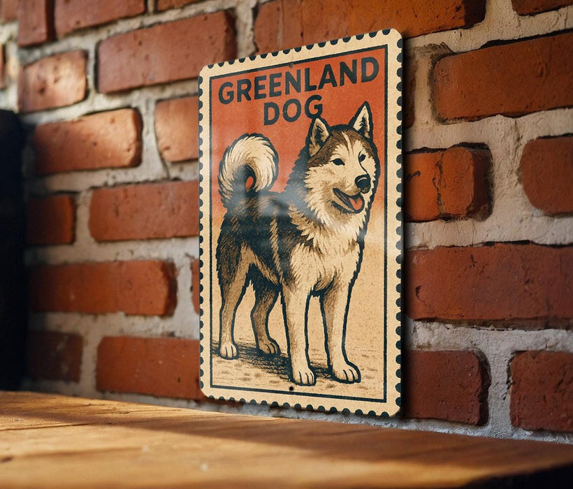 A vintage-style poster of a husky dog, with the text "GREENLAND DOG" prominently displayed.