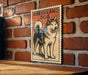 A vintage-style poster of a husky dog, with the text "GREENLAND DOG" prominently displayed.