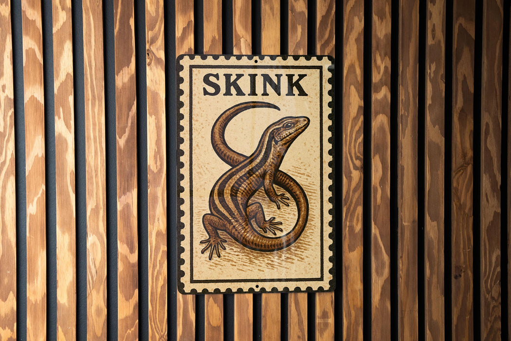A sign with the word "SKINK" and an illustration of a lizard or salamander is displayed on a wooden wall.