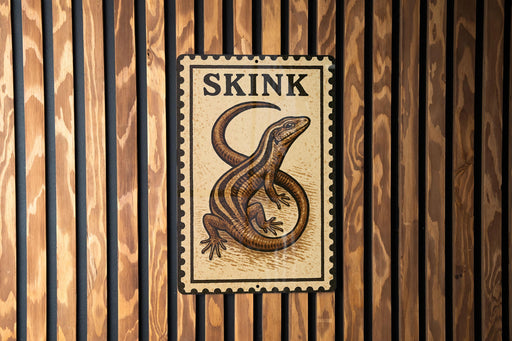 A sign with the word "SKINK" and an illustration of a lizard or salamander is displayed on a wooden wall.