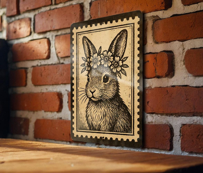 A framed illustration of a rabbit wearing a flower crown is displayed on a brick wall.