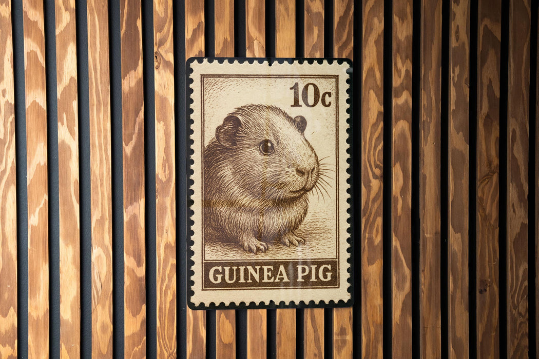 A 10c postage stamp featuring a guinea pig illustration is displayed on a wooden wall.