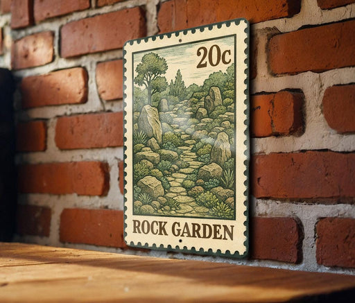 A metal sign with a green border and a drawing of a rocky garden path is mounted on a brick wall.