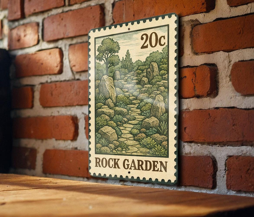 A metal sign with a green border and a drawing of a rocky garden path is mounted on a brick wall.