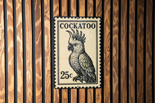 A black and white postage stamp featuring a cockatoo, with the text "COCKATOO" and the value "25c" printed on it.
