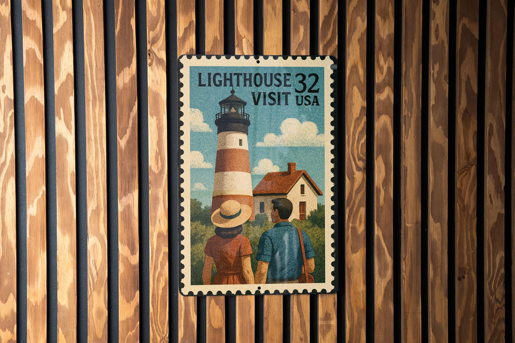 A vintage-style postage stamp featuring a lighthouse and a couple, mounted on a wooden wall.