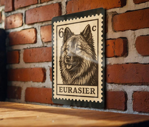 A metal stamp featuring a dog's face is mounted on a brick wall.