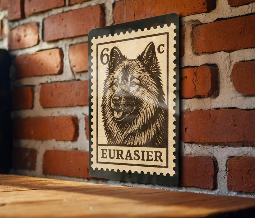 A metal stamp featuring a dog's face is mounted on a brick wall.