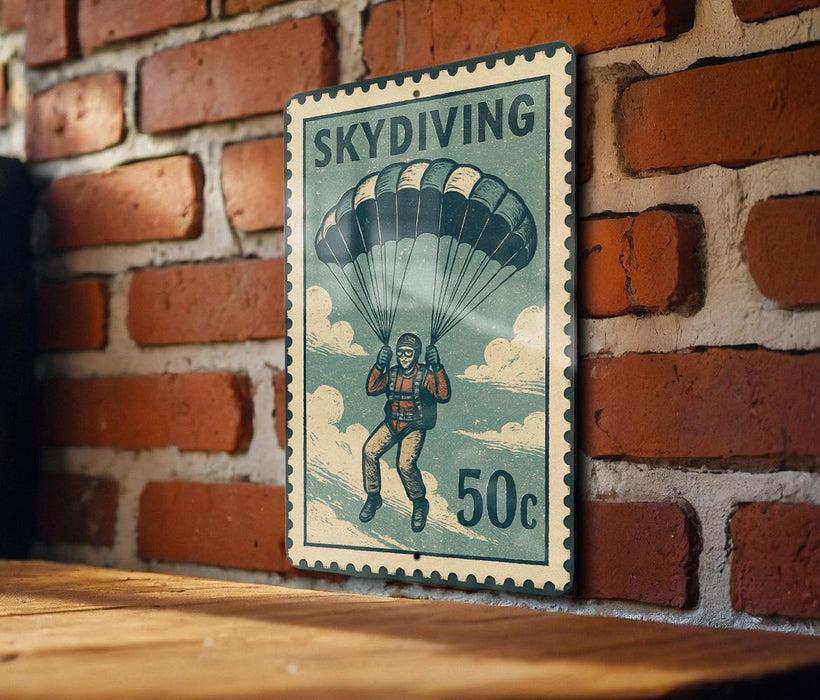 A vintage-style metal sign with a parachute illustration and the text "SKydiving 50c" is mounted on a brick wall.
