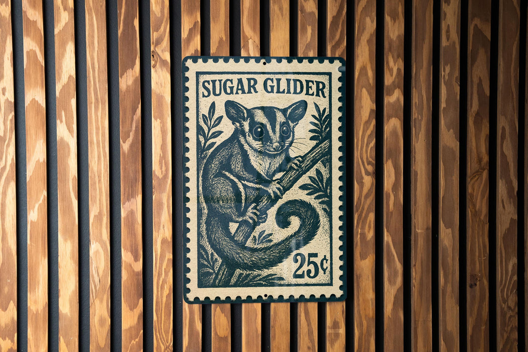 A vintage-style postage stamp featuring a sugar glider, with the text "SUGAR GLIDER" and the denomination "25¢".