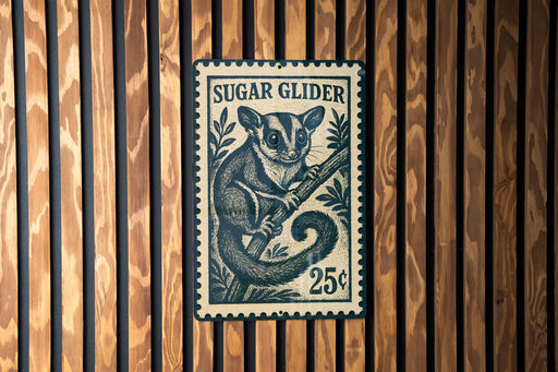 A vintage-style postage stamp featuring a sugar glider, with the text "SUGAR GLIDER" and the denomination "25¢".