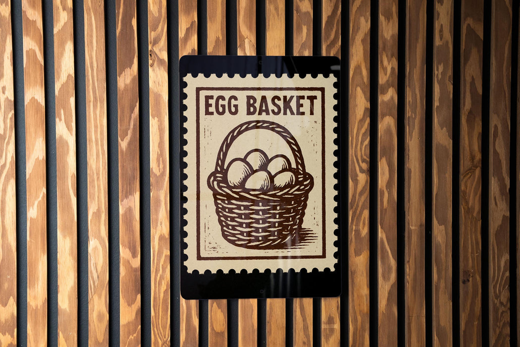 a sign with the text "Egg Basket" and an illustration of a basket filled with eggs.