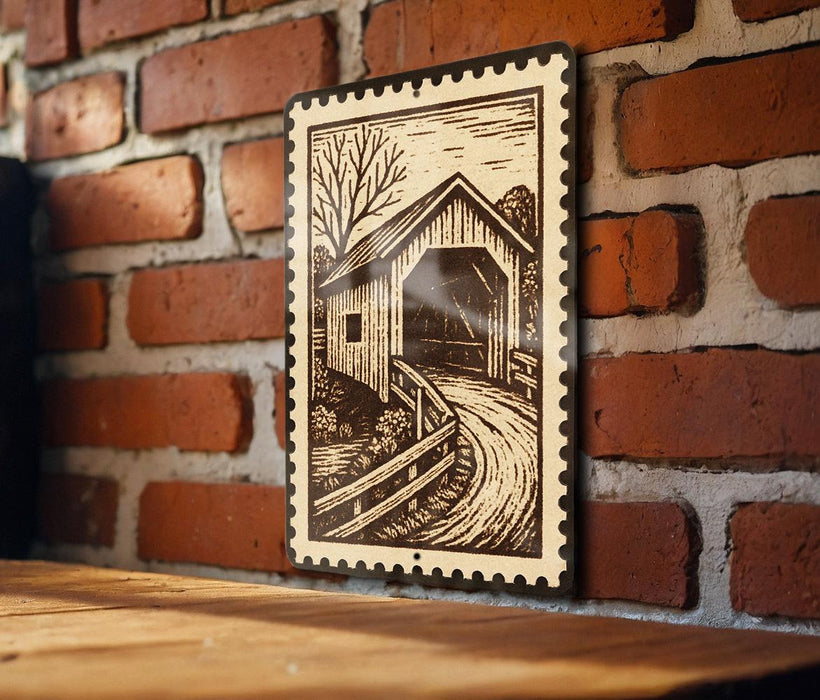A framed illustration of a wooden bridge with a covered walkway is displayed on a brick wall.