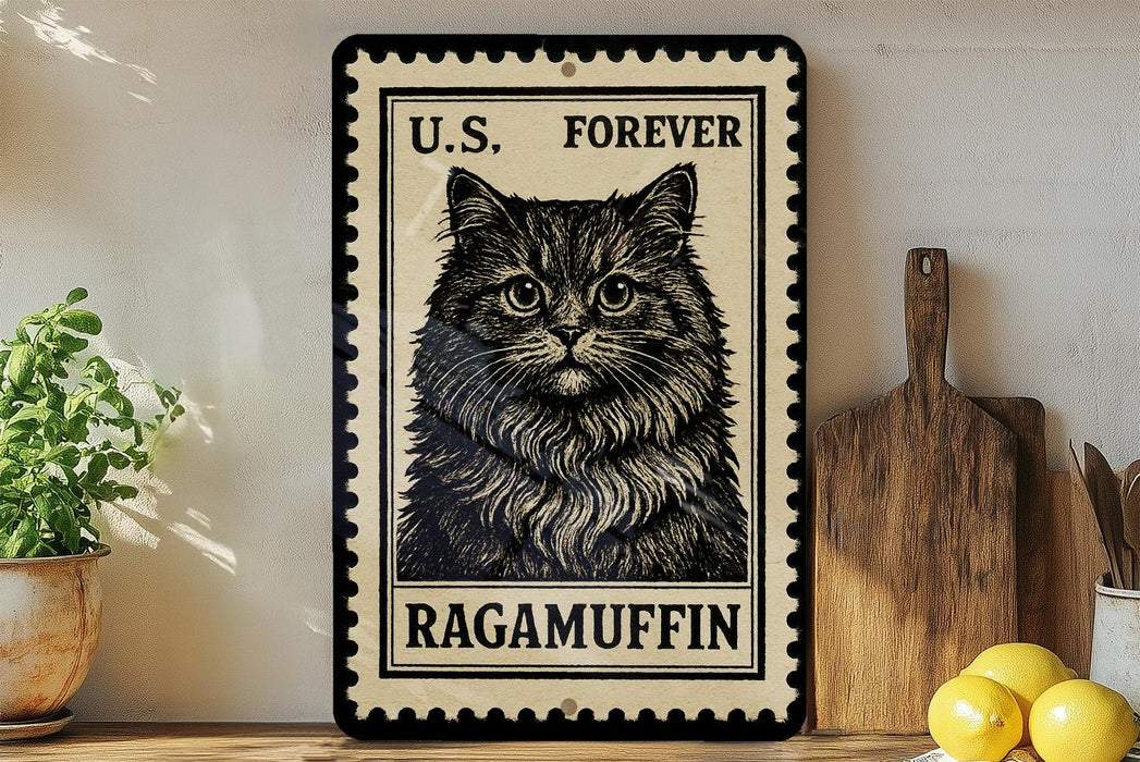 A framed image of a cat, specifically a Ragamuffin, is displayed on a shelf next to a wooden cutting board and some lemons.