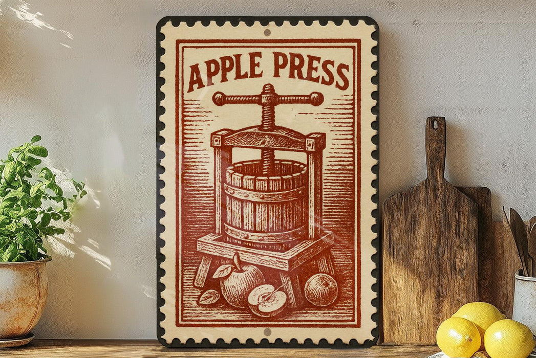 a vintage-style metal sign with the text "APPLE PRESS" and an illustration of an apple press, placed on a wooden shelf next to a potted plant and a wooden cutting board.