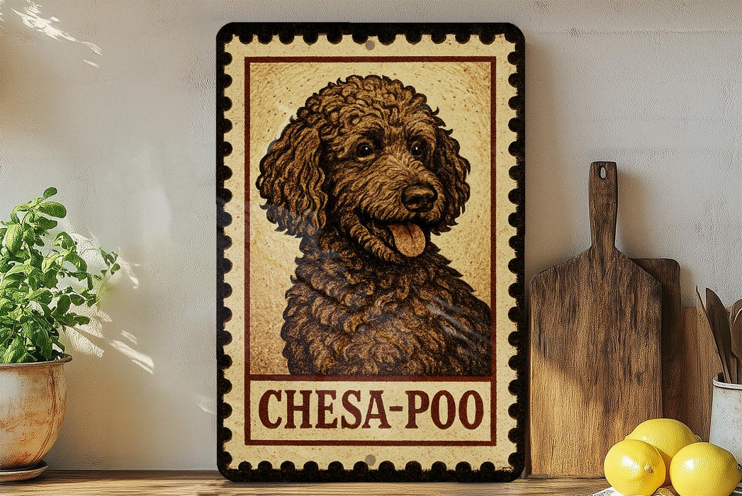 A framed image of a brown dog with curly fur, labeled "CHESA-POO", is displayed on a shelf next to a wooden cutting board and a potted plant.