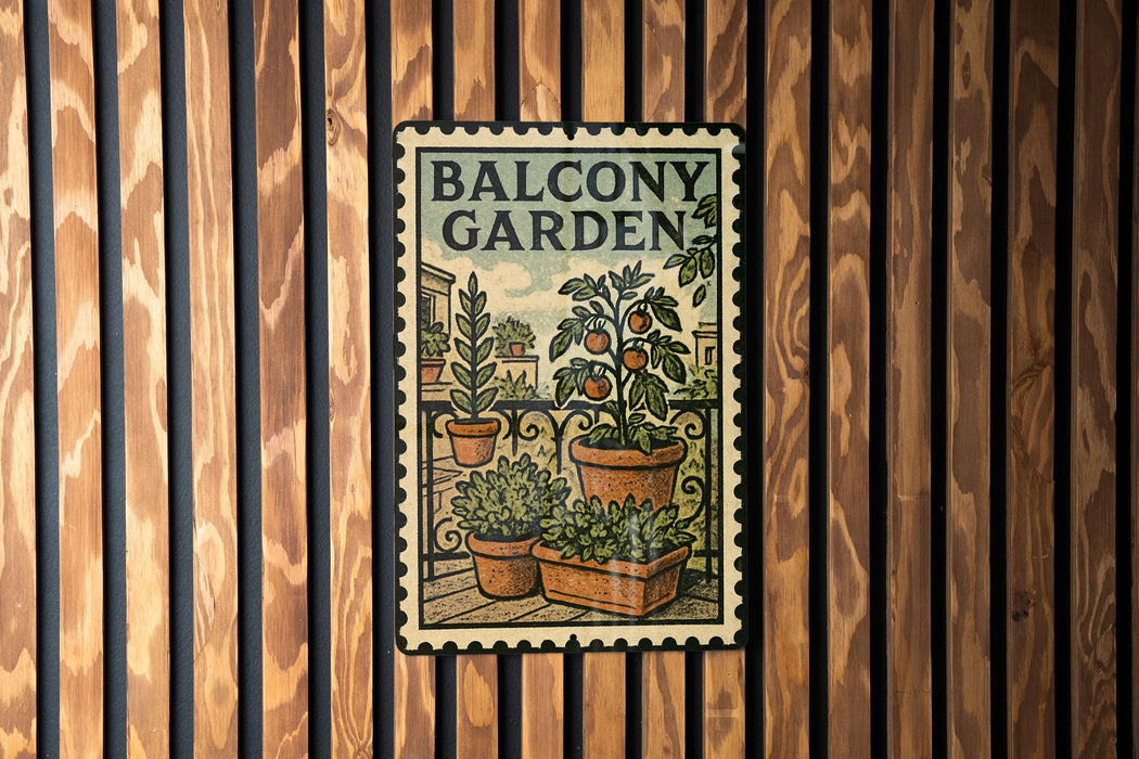 A metal sign with a vintage design, featuring a balcony garden scene with potted plants and a balcony railing.