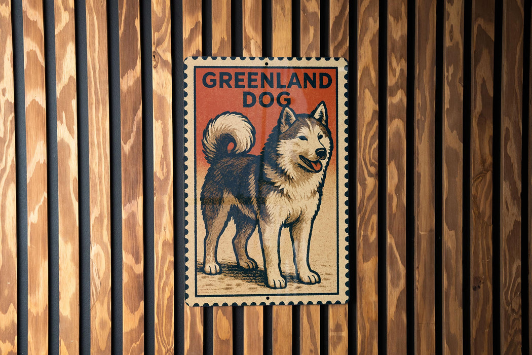 A poster of a husky dog is displayed on a wooden wall.