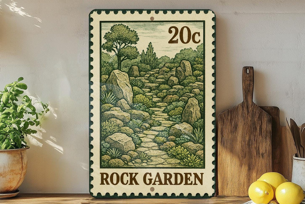 A metal sign with a landscape illustration depicting a rock garden, placed on a wooden shelf next to a wooden cutting board and a potted plant.