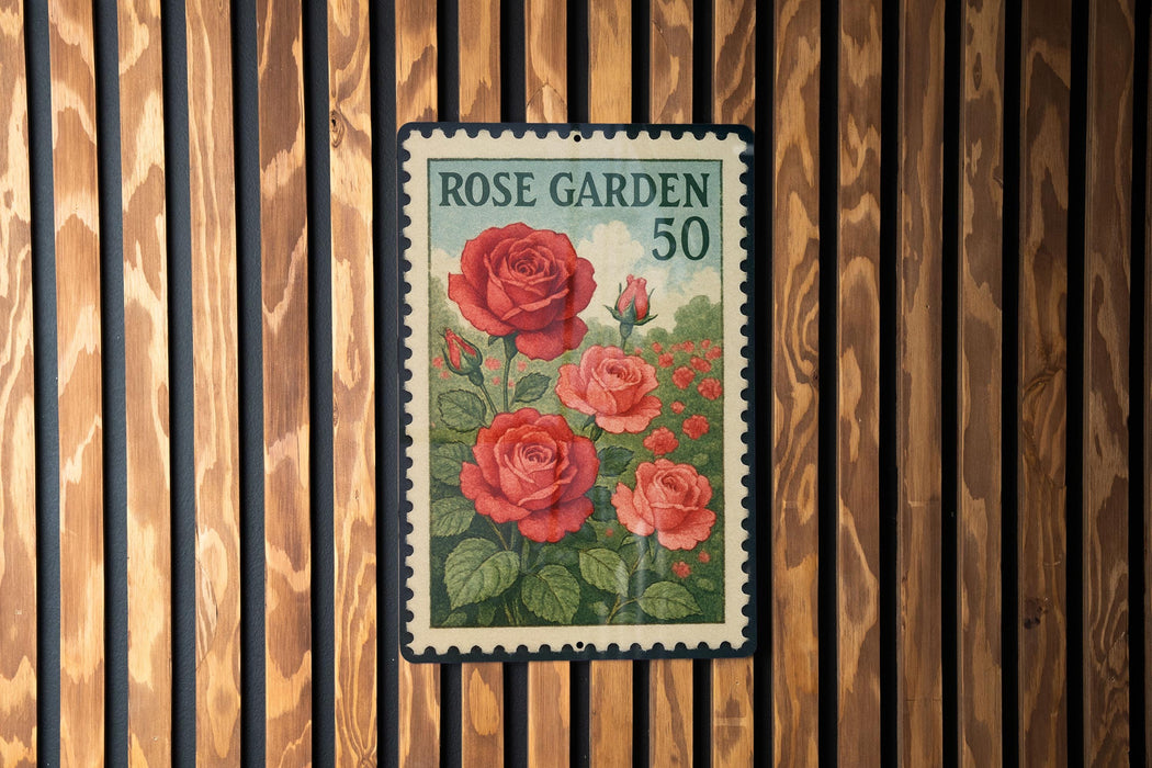A vintage rose garden postage stamp is displayed on a wooden wall.