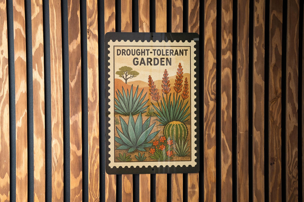 a poster of a desert garden with a cactus and other desert plants, hanging on a wooden wall.