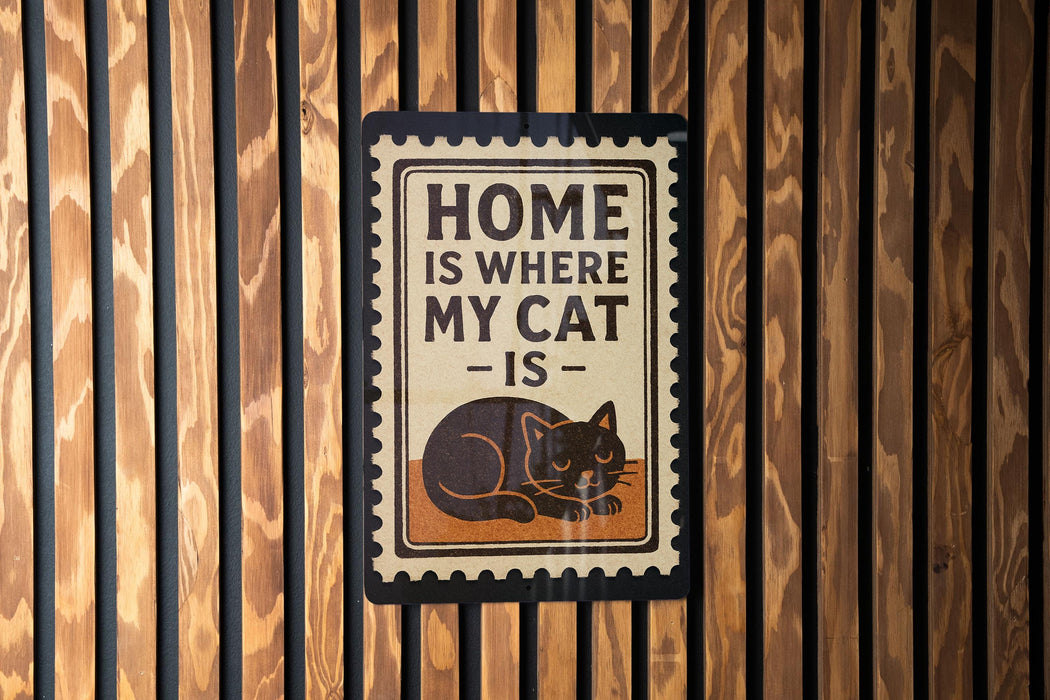 A sign with the text "HOME IS WHERE MY CAT IS" and an illustration of a cat is mounted on a wooden wall.