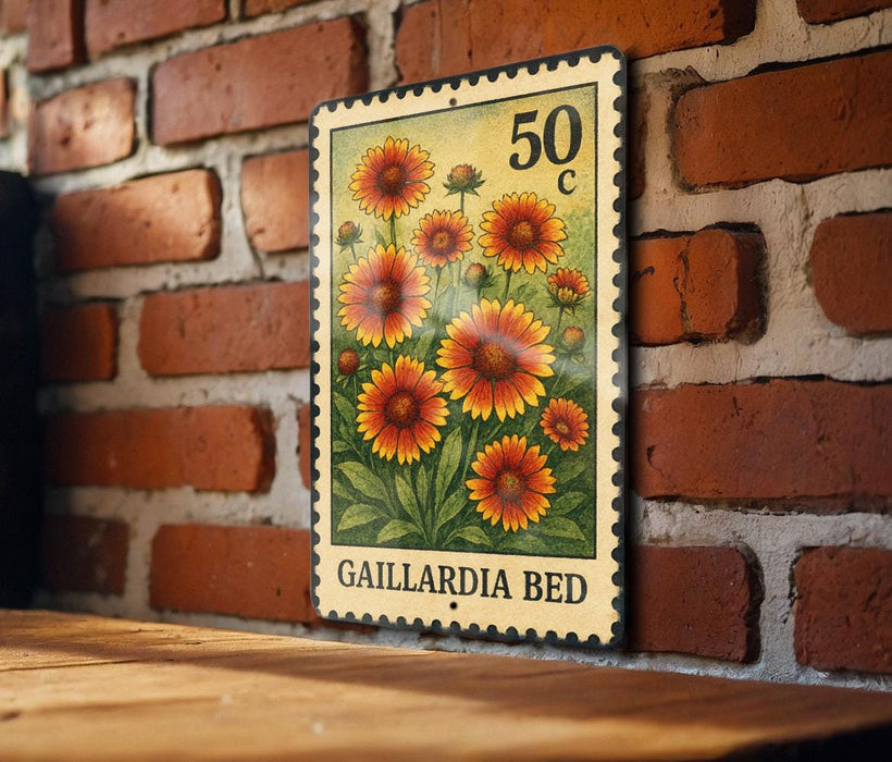 A 50 cent postage stamp from Gaillardia Bed is displayed on a brick wall, featuring a vibrant illustration of the flower.