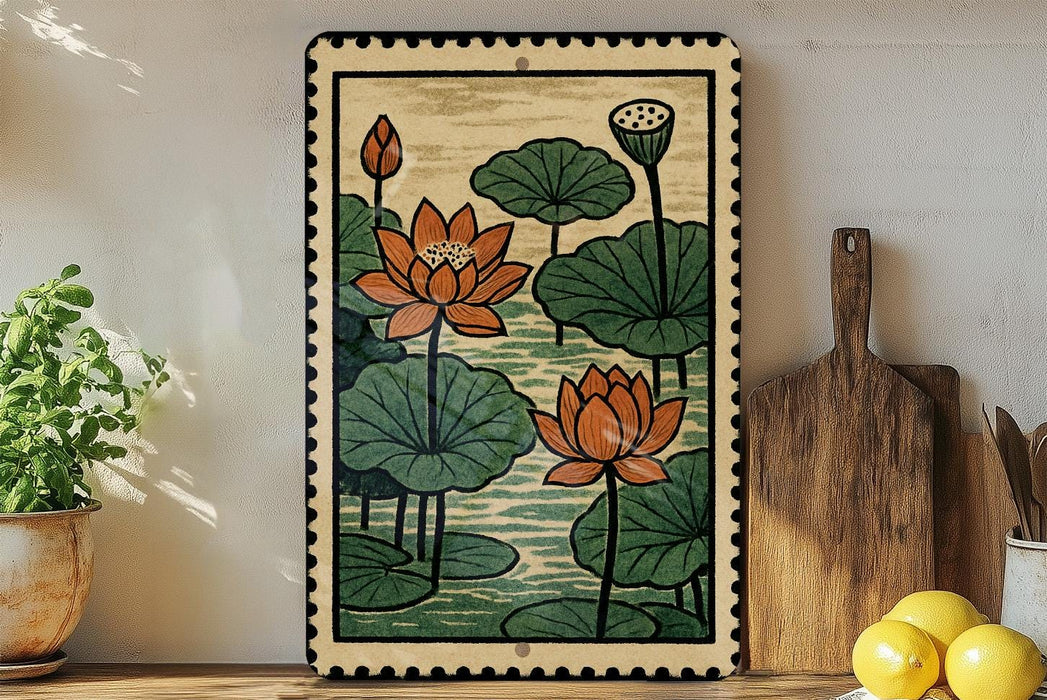 a framed print of a floral design with lotus flowers and lily pads, displayed on a shelf next to a wooden cutting board and some lemons.