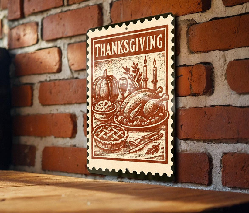 A framed Thanksgiving-themed stamp is displayed on a brick wall, featuring an illustration of a table set for a meal with various dishes and utensils.