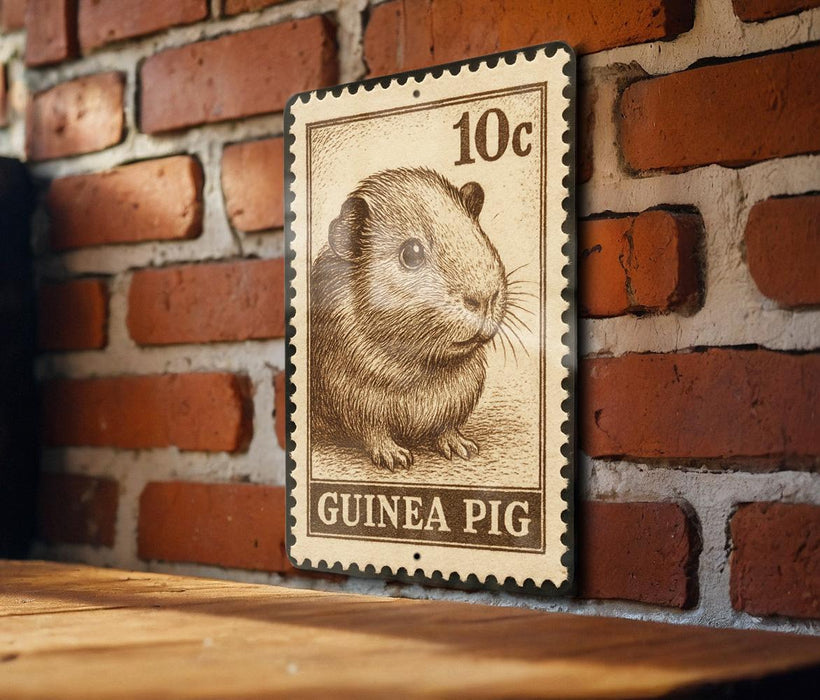 A 10c postage stamp featuring a guinea pig illustration is displayed on a brick wall.