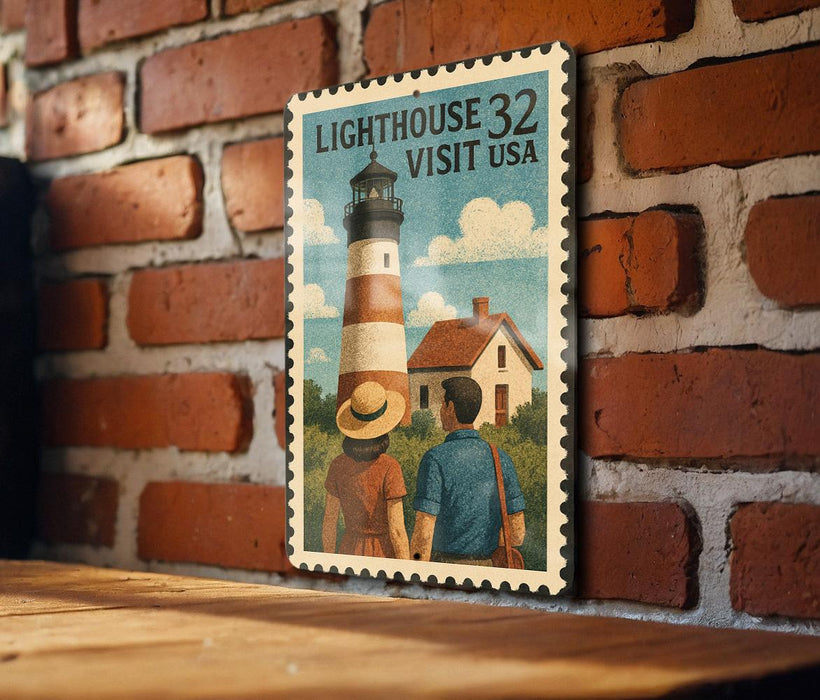 A vintage-style postage stamp featuring an illustration of a lighthouse and a couple standing in front of it, mounted on a brick wall.