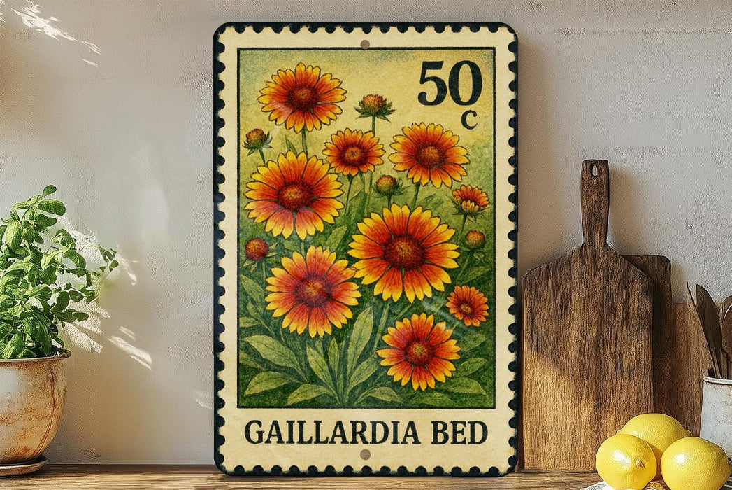 A metal stamp with a floral design featuring yellow and orange flowers, placed on a wooden surface next to a wooden cutting board and some lemons.