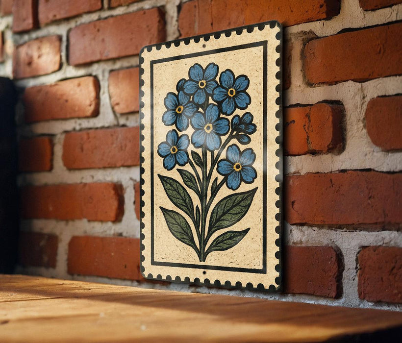 A decorative tile with a floral design is mounted on a brick wall.