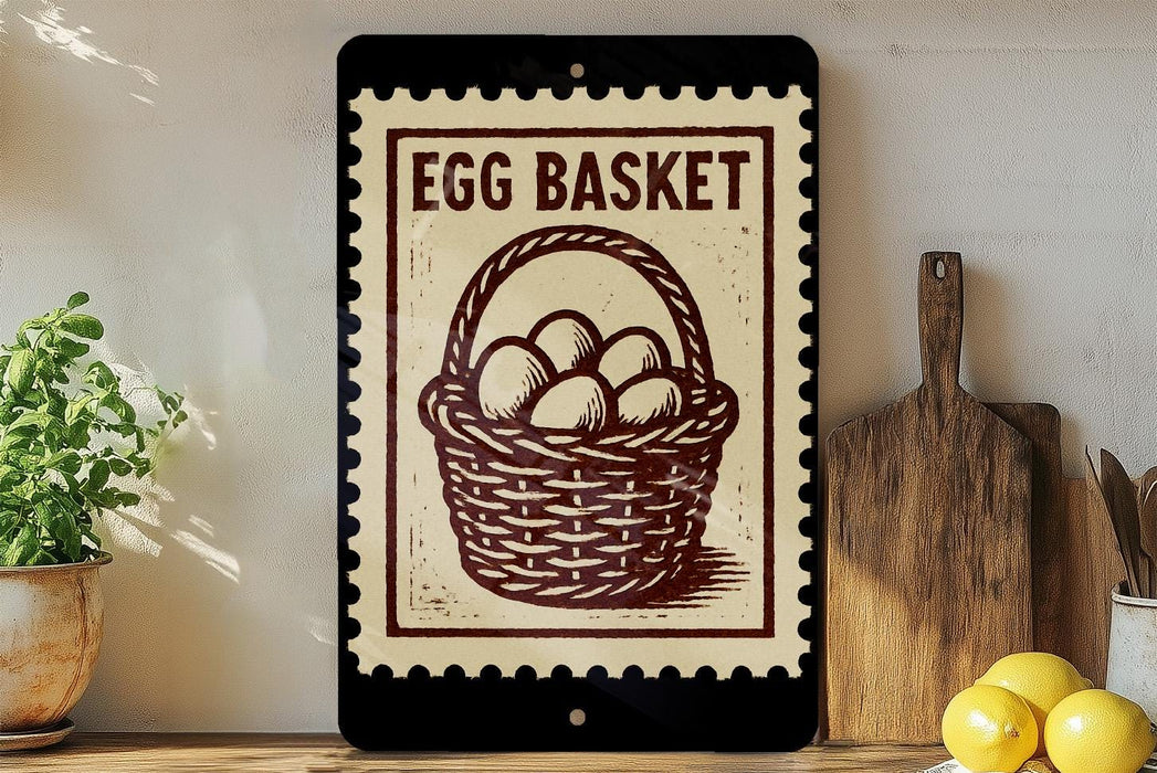 a sign that reads "Egg Basket" with a basket of eggs depicted on it, placed on a shelf next to a wooden cutting board and a potted plant.
