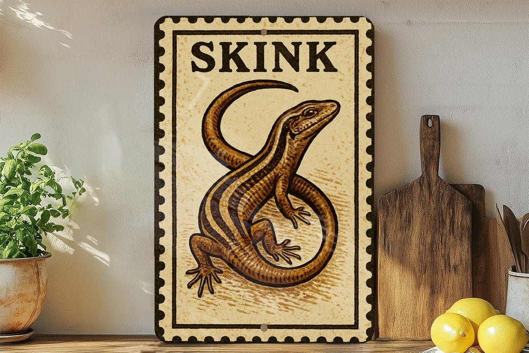 a wooden cutting board with a decorative sign featuring a lizard, placed on a wooden surface next to a potted plant and some lemons.