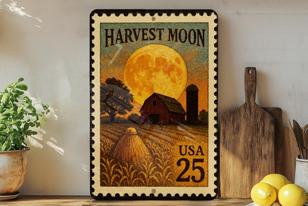 A framed stamp depicting a farm scene with a large full moon, a barn, and a field of crops, along with the text "Harvest Moon" and "USA 25".