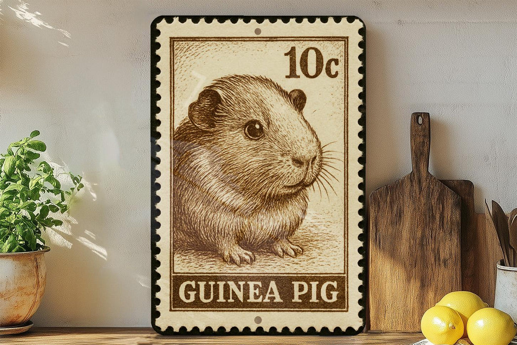 A Guinea pig stamp is displayed on a shelf, surrounded by kitchen utensils and a potted plant.