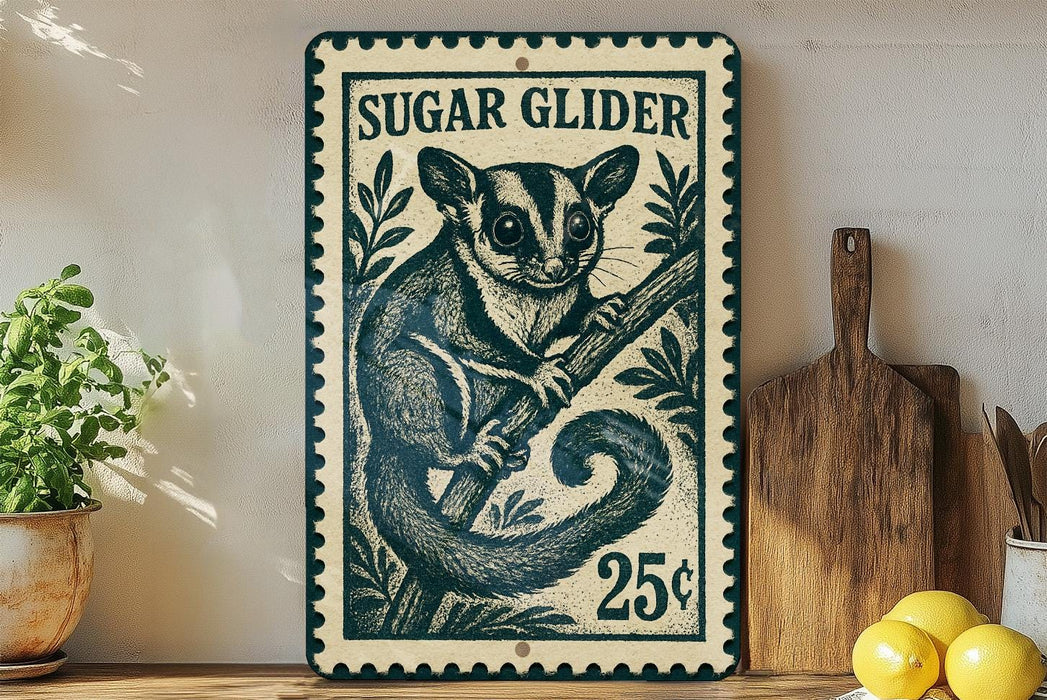 A vintage-style metal sign featuring a sugar glider illustration, placed on a wooden shelf next to a wooden cutting board and some lemons.
