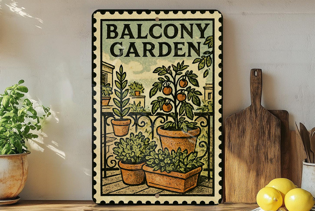 a vintage-style metal sign with a balcony garden illustration, placed on a wooden shelf next to potted plants and kitchen utensils.