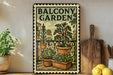a vintage-style metal sign with a balcony garden illustration, placed on a wooden shelf next to potted plants and kitchen utensils.