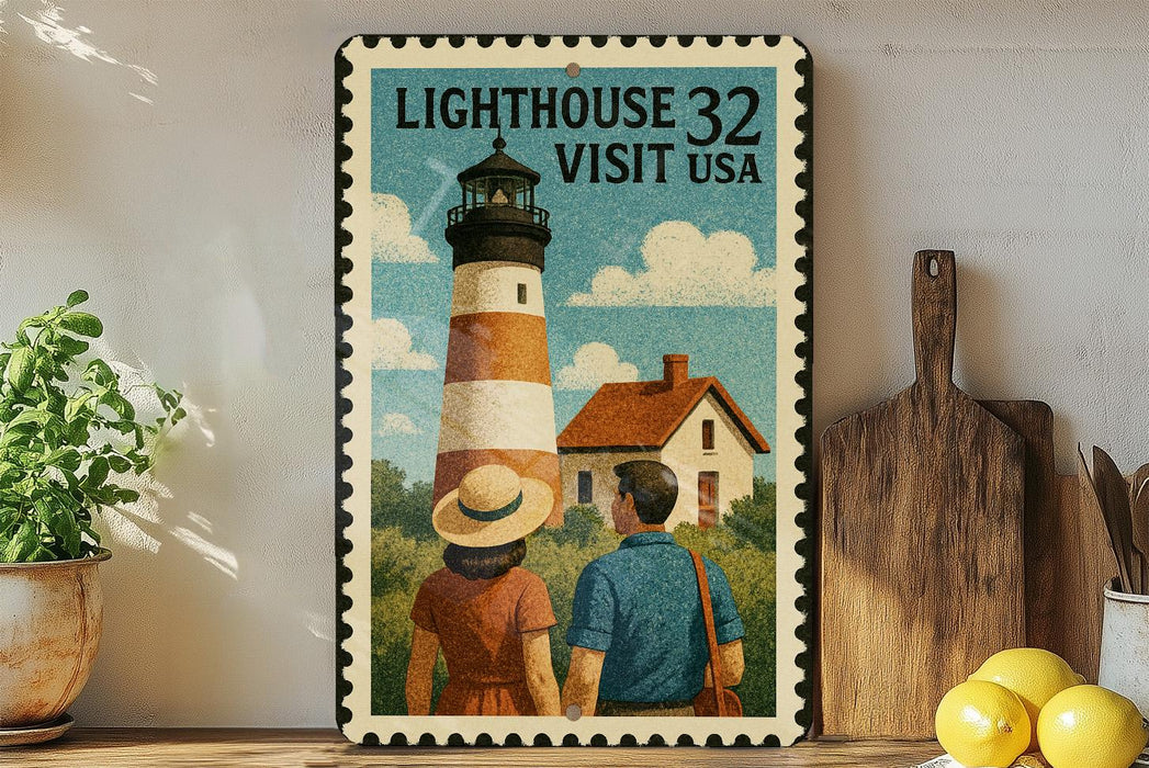 A vintage-style postage stamp depicting a lighthouse and a couple, with the text "LIGHTHOUSE 32 VISIT USA" on it.