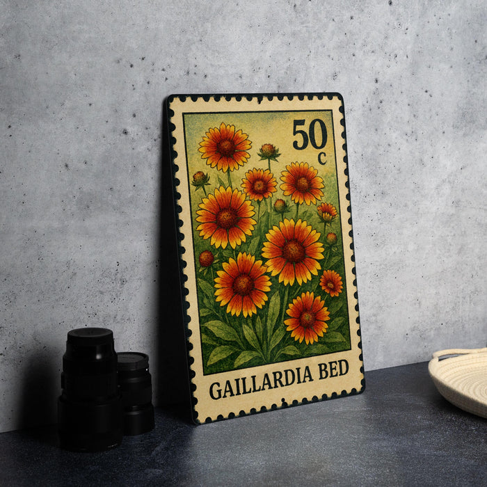 A metal stamp with a floral design and the text "GAILLARDIA BED" printed on it, placed on a gray surface next to some black camera lenses.