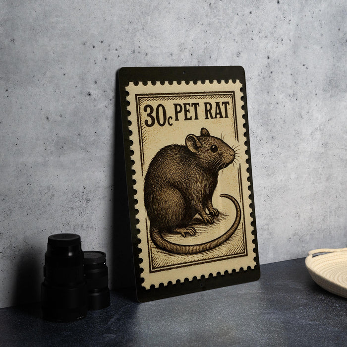 A metal stamp featuring a detailed illustration of a pet rat, with the text "30¢ PET RAT" printed on it.