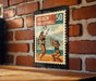 A vintage-style stamp depicting a beach volleyball game, with two women playing on a beach volleyball court.