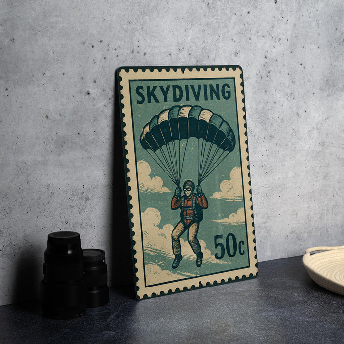 A vintage-style metal stamp depicting a skydiver with a parachute, along with the text "SKydiving 50c".