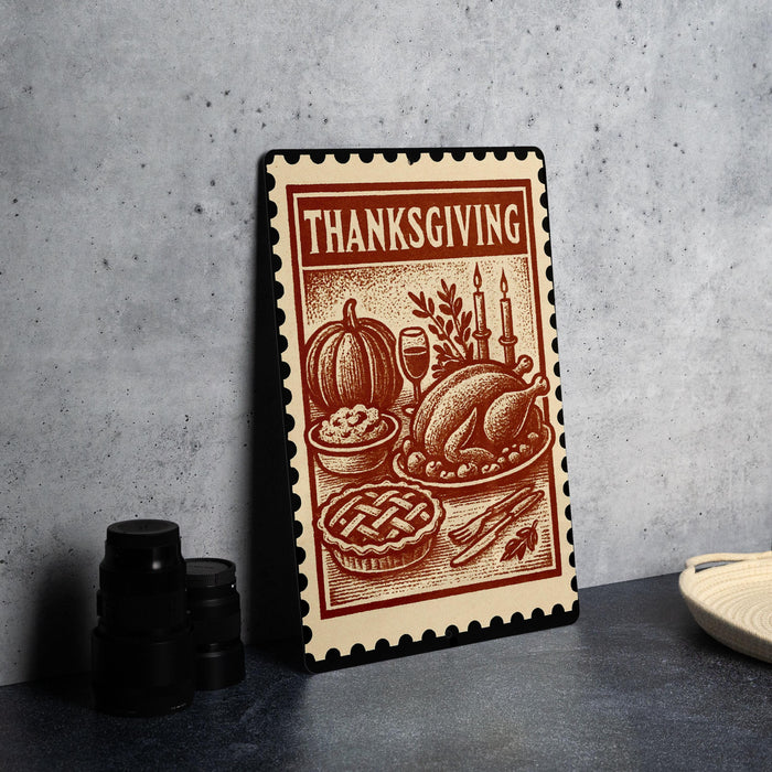 A Thanksgiving-themed stamp or postcard with illustrations of a turkey, pies, pumpkins, and other fall-themed items, placed on a countertop next to some black containers.